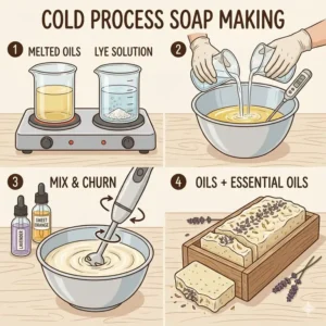 6: An illustration showing the cold process method of mixing ingredients for essential oil soap.