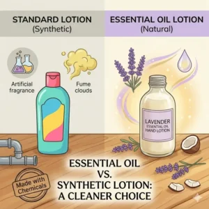 Comparison between synthetic lotion and natural essential oil hand lotion.