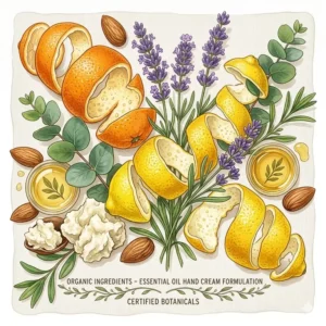 Illustration 5: A collection of organic citrus peels and herbs used in the formulation of this natural essential oil hand cream.