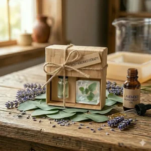 An eco-friendly gift box containing premium soap aromatherapy products for a home spa.