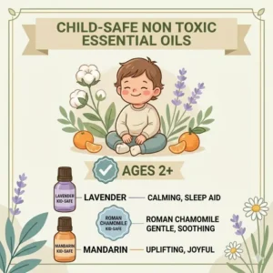 An educational graphic listing non toxic essential oils that are gentle and safe for use around children.