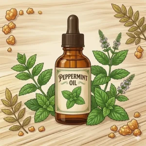 A cooling peppermint leaf illustration representing the best essential oils to add to body lotion for energy.