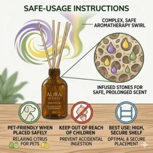 Safety icons showing how to use room scent oil safely around pets and children.