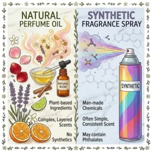 Infographic comparing natural perfume scented essential oil to synthetic sprays.