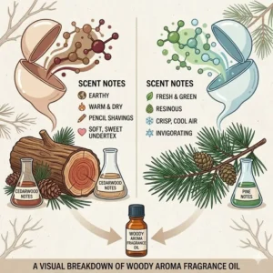 A variety of small amber glass bottles showing a collection of different aroma fragrance oil scents.