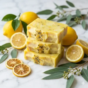 7: Bright yellow citrus and eucalyptus essential oil soap bars arranged on a white marble surface.