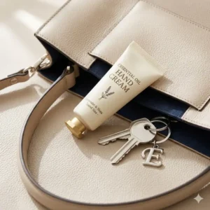 Illustration 6: A convenient travel-sized tube of essential oil hand cream placed inside a stylish handbag next to keys.