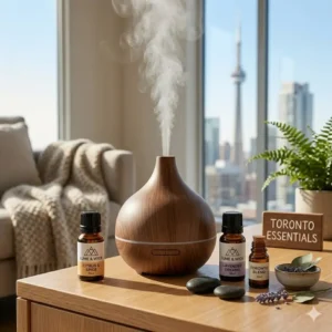 A modern Toronto apartment featuring a wood-grain diffuser and home scents from the best essential oil companies canada.