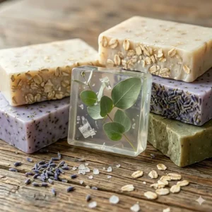 The organic texture of botanical soap aromatherapy bars with oats and dried petals.