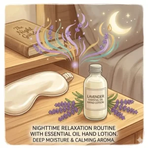 Using essential oil hand lotion as part of a relaxing nighttime routine.