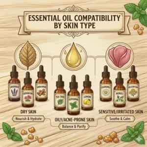A compatibility chart by skin type for the best essential oils to add to body lotion.
