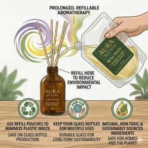 An illustration of refilling a glass bottle with room scent oil to reduce waste.
