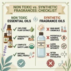 A comparison graphic showing the differences between synthetic fragrances and pure non toxic essential oils.