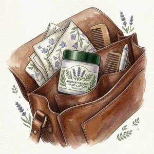 A small travel-sized aromatherapy hand lotion tucked into a leather handbag.