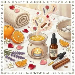A relaxing spa setting with a burner using perfume scented essential oil.