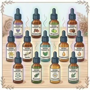 A cozy bedroom setting featuring a lit candle and a bottle of aroma fragrance oil to promote sleep.