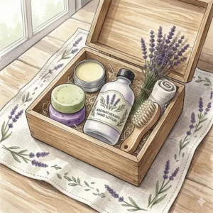 A curated wellness gift box featuring various scents of aromatherapy hand lotion and a linen towel.