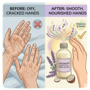 Before and after results of using essential oil hand lotion on dry skin.