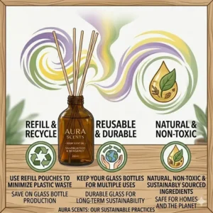 Sustainable packaging and non-toxic ingredients of eco-friendly room scent oil.