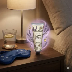 Illustration 7: A calming nighttime scene featuring essential oil hand cream on a bedside table with a sleep mask.