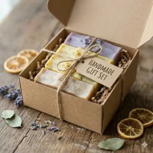 8: A curated gift box containing assorted essential oil soap bars tied with twine and a gift tag.