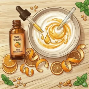 A bright illustration of sweet orange, one of the best essential oils to add to body lotion for skin brightening.