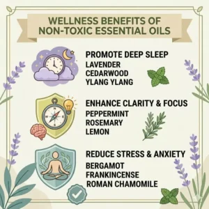 Icons illustrating the health and wellness benefits of using therapeutic-grade non toxic essential oils
