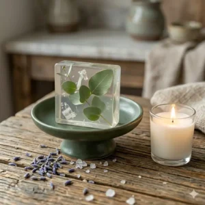 A peaceful bathroom scene featuring a lit candle and a clear soap aromatherapy bar.