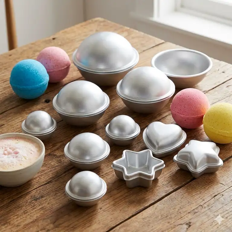 A collection of various aluminum bath bomb molds and colorful finished bath bombs on a wooden table.