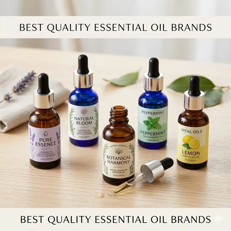 A premium collection of bottles from the best quality essential oil brands on a wooden surface.