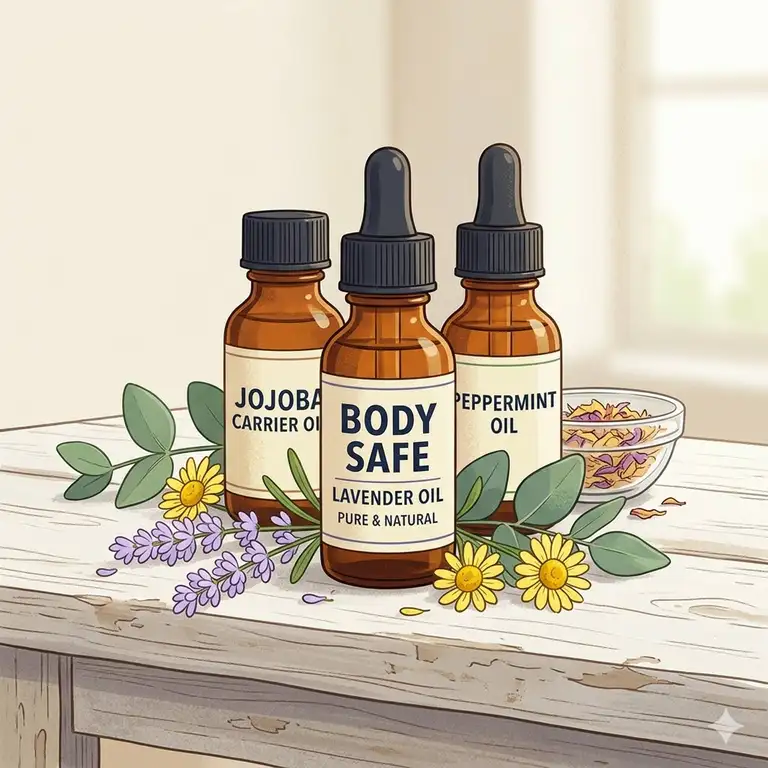 A professional display of various body safe essential oils in amber bottles with fresh lavender and eucalyptus.