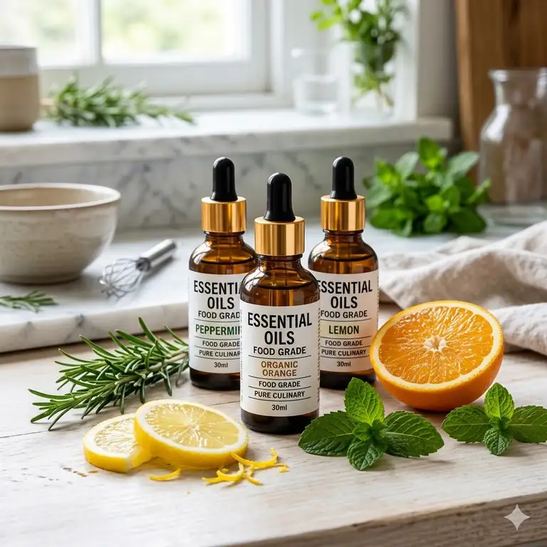 A professional culinary setup featuring premium essential oils food grade with fresh citrus and herbs.
