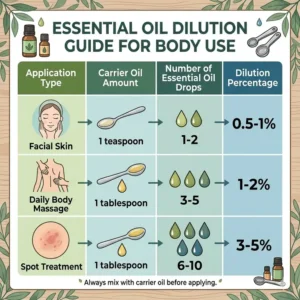 A detailed infographic showing the correct dilution ratios for using body safe essential oils on skin.