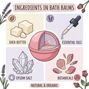 An illustrated breakdown of natural ingredients inside bath balms, featuring shea butter, essential oils, and Epsom salt.