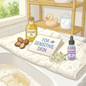 Illustration showing organic ingredients like shea butter and essential oils used in gentle bath bombs for kids.