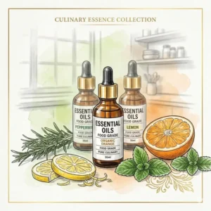 Detailed illustration comparing safety standards and purity labels for essential oils food grade.