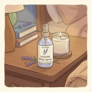 Illustration showing the natural botanical ingredients of a lavender sleep spray including fresh lavender flowers and essential oil drops.