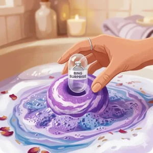 A luxury bath bomb cut in half to show the protective floating capsule containing a surprise ring inside.