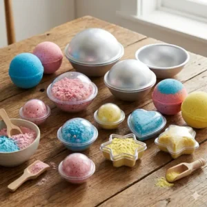 Side by side comparison of clear plastic and silver stainless steel bath bomb molds for soap making.