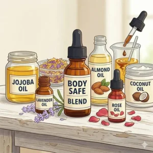 Various carrier oils like jojoba and almond used to safely dilute body safe essential oils for topical application.