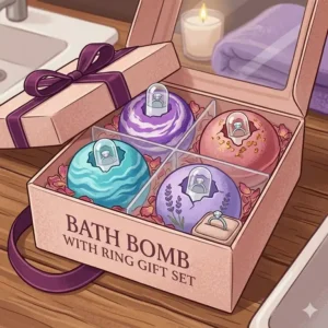 A beautifully arranged gift set box containing four organic bath bombs with rings inside, surrounded by dried rose petals.
