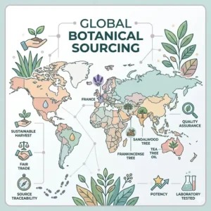 A global map showing the botanical sourcing regions of the best quality essential oil brands.