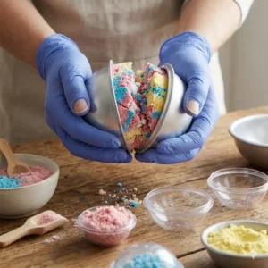 Hands pressing a white effervescent powder mixture into round metal bath bomb molds.