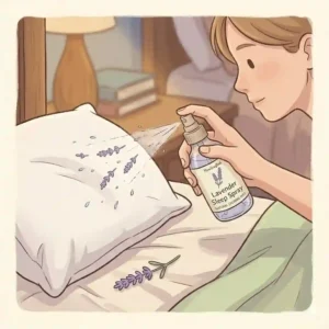 Minimalist illustration showing a person misting lavender sleep spray onto a fluffy white pillow before bed.