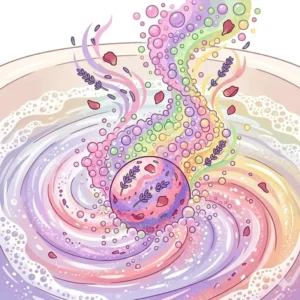 A colorful illustration of a bath balm fizzing and dissolving in warm tub water, releasing vibrant swirls.