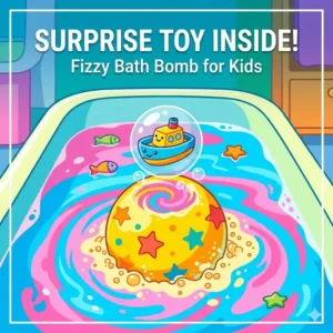 A colorful bath bombs for kids dissolving in water to reveal a small toy surprise inside for a child.