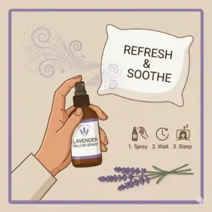 An infographic displaying the key natural ingredients needed to make lavender pillow spray.