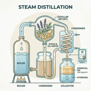 A detailed diagram of the steam distillation process employed by the best quality essential oil brands.