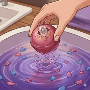 A close-up of a hand dropping a glittery pink bath bomb with a surprise ring into a crystal-clear bathtub.
