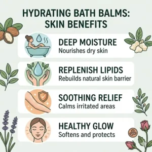 An infographic illustration showing how moisturizing bath balms hydrate and soothe dry skin during a soak.